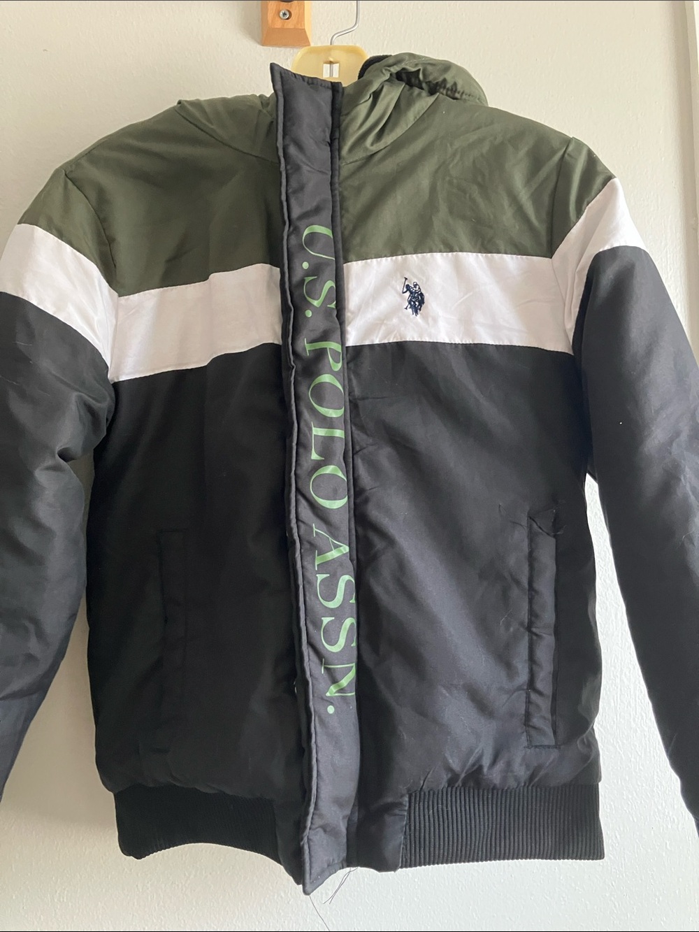 U.S. Polo Assn. Hooded Colorblock Jacket in Olive, White, Black kids 8